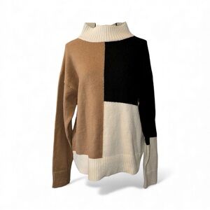 NWOT JODIFL Tan Black White Cowl Neck Turtleneck Color Block Cozy Soft Sweater M